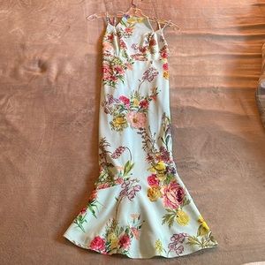 Halter top flared bottom floral dress, tea length, open back, size 4